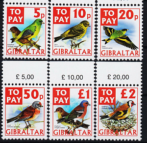 Гибралтар, 2002, Служебные марки, Птицы, 6 марок без полей